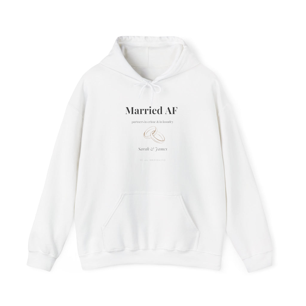 White couples hoodie with drawstring hood, kangaroo pocket, "Married AF" and ring graphic