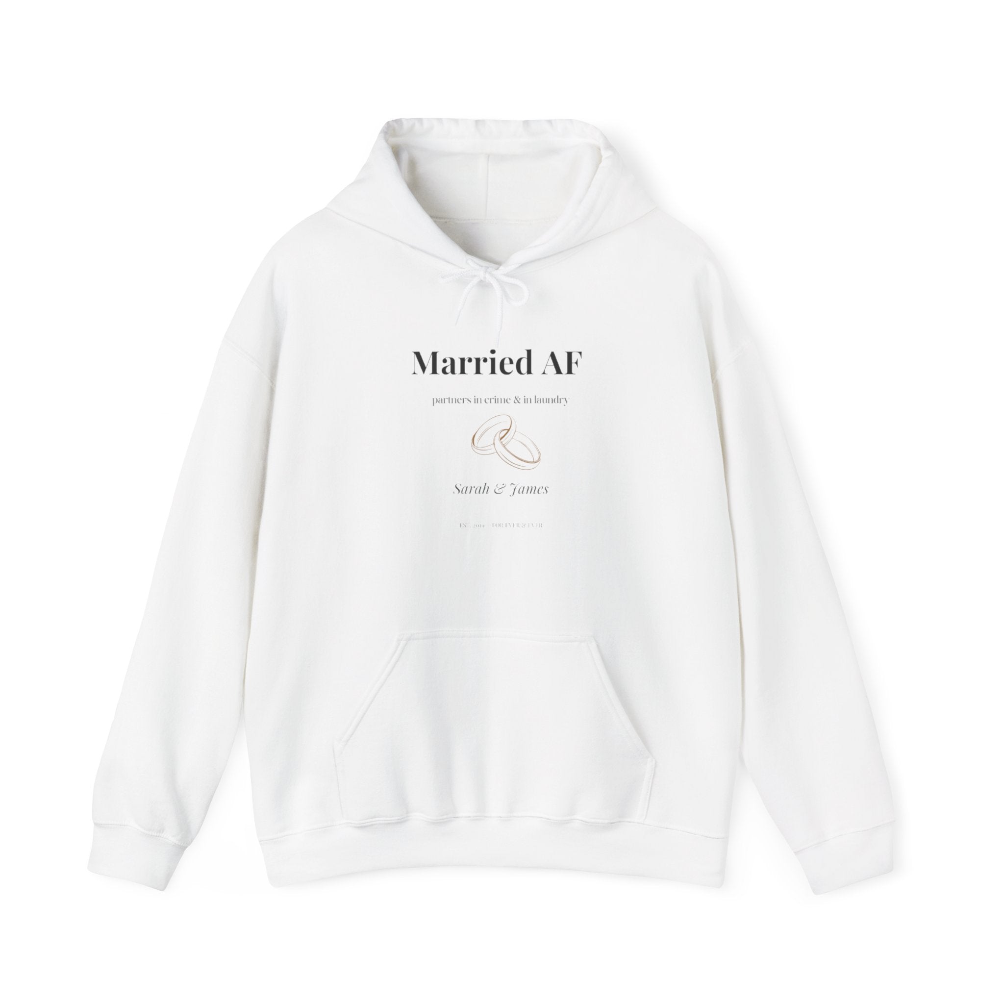 White couples hoodie with drawstring hood, kangaroo pocket, "Married AF" and ring graphic