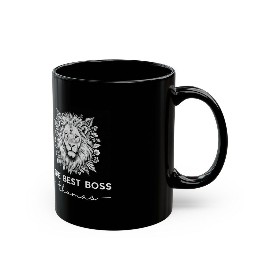 Black Best Boss mug with lion graphic, handle, and 'THE BEST BOSS' thomas