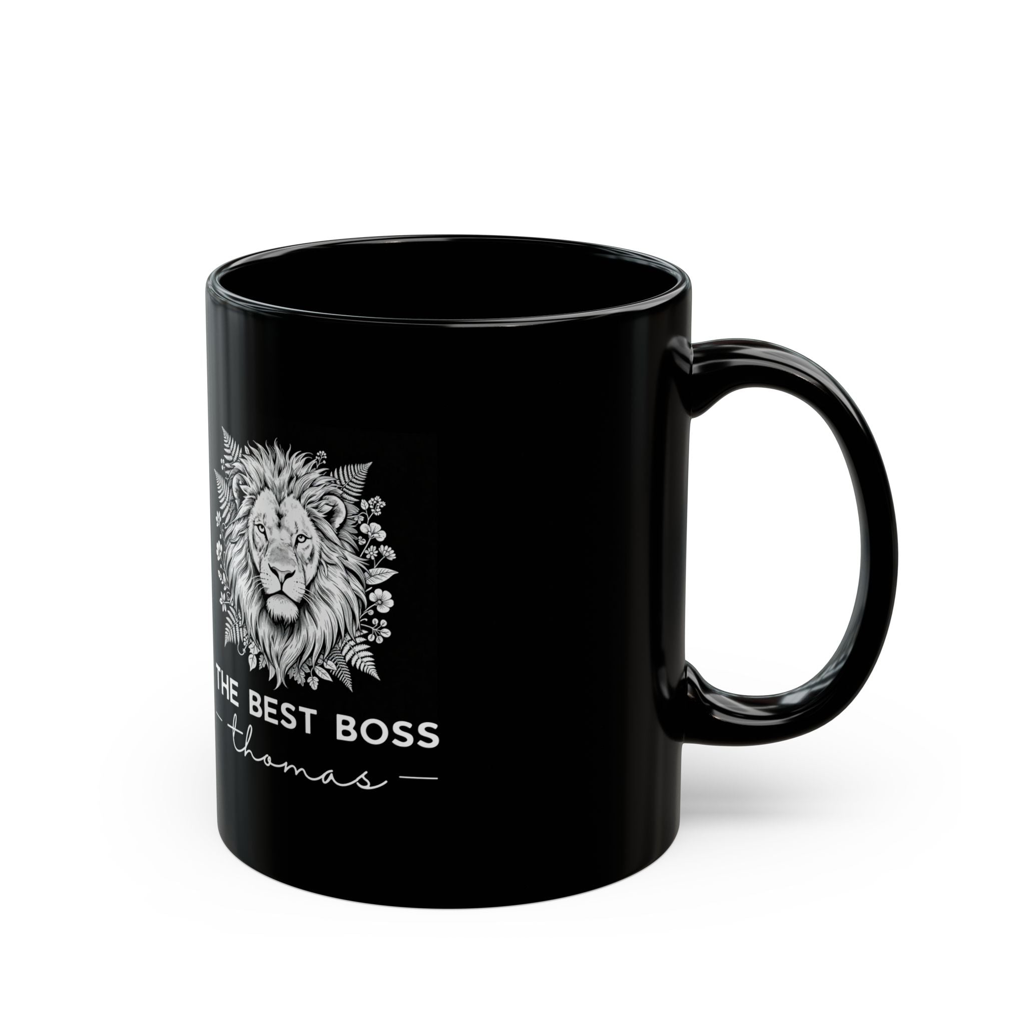 Black Best Boss mug with lion graphic, handle, and 'THE BEST BOSS' thomas