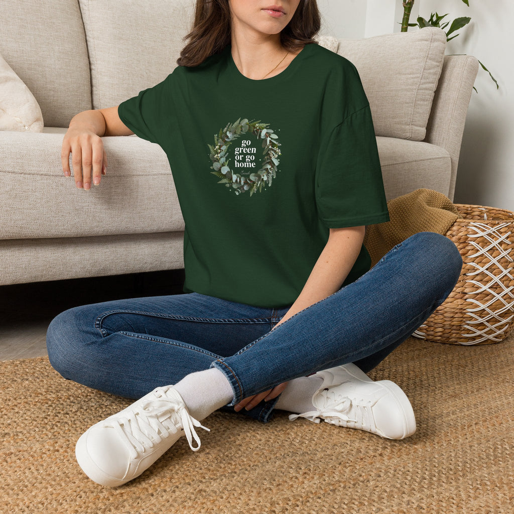 Forest green unisex eco T-shirt with leaf wreath 'go green or go home' graphic