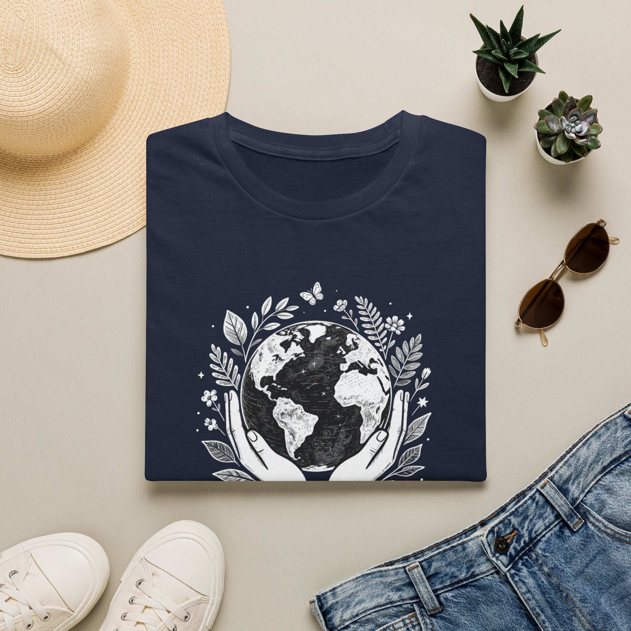 Navy crewneck T-shirt with white globe and leaf “Protect Our Planet” print