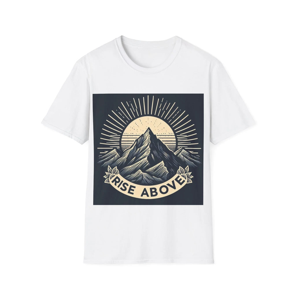 White short-sleeve T-shirt with mountain sunrise “RISE ABOVE” graphic