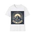 White short-sleeve T-shirt with mountain sunrise “RISE ABOVE” graphic