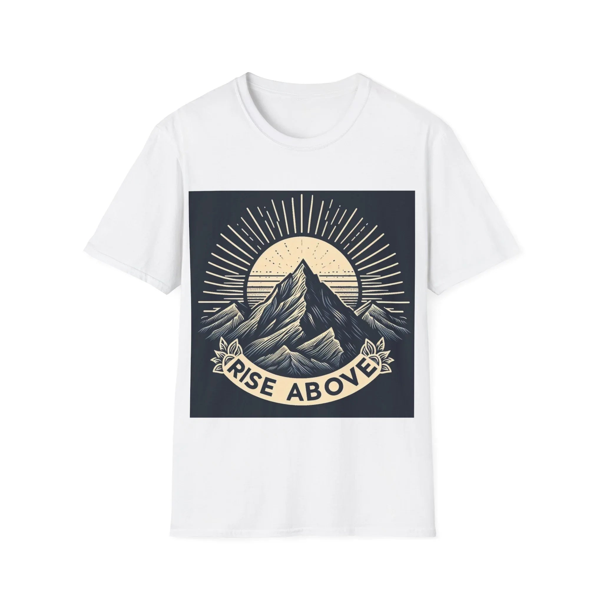 White short-sleeve T-shirt with mountain sunrise “RISE ABOVE” graphic