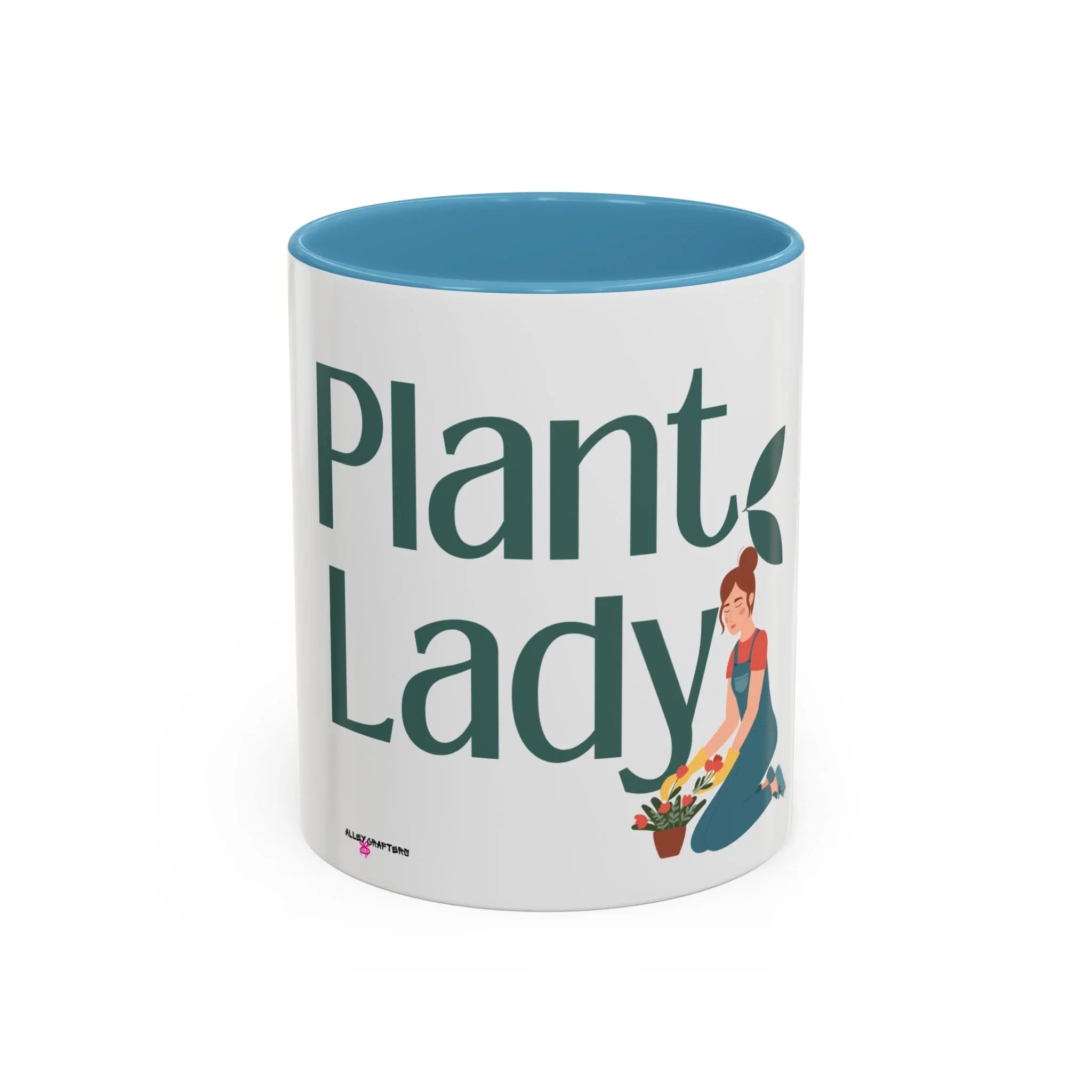 Blue interior ceramic coffee mug with Plant Lady illustration and green text