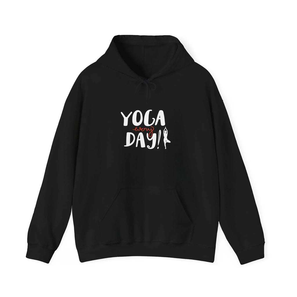 Black yoga hoodie with "YOGA every day!" graphic, hood and kangaroo pocket