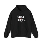 Black yoga hoodie with "YOGA every day!" graphic, hood and kangaroo pocket