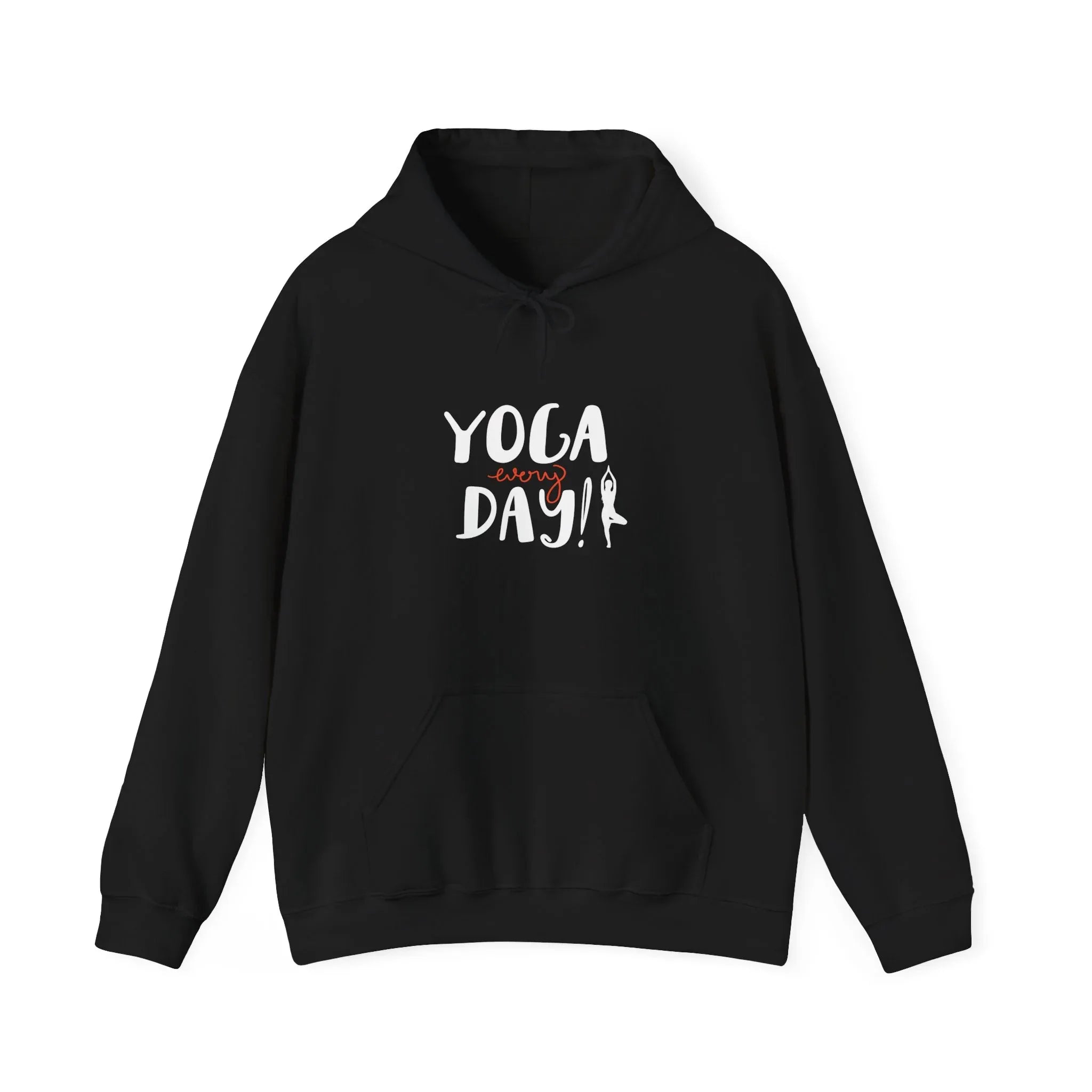 Black yoga hoodie with "YOGA every day!" graphic, hood and kangaroo pocket