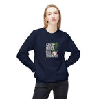 Navy crewneck sweatshirt with chest slogan graphic