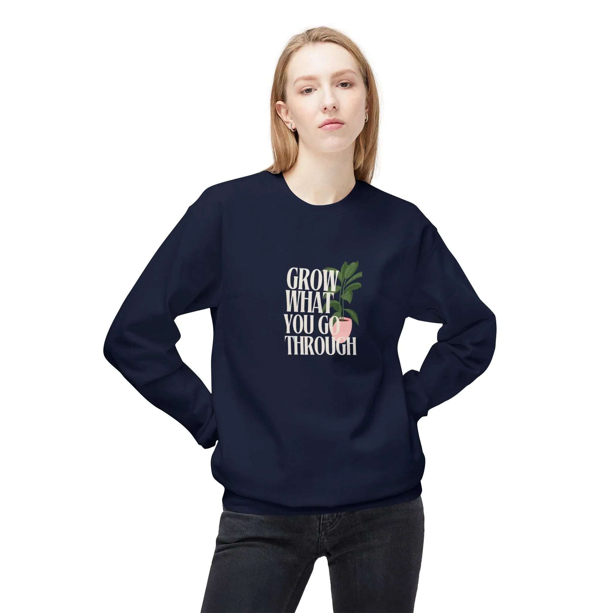 Navy crewneck sweatshirt with chest slogan graphic