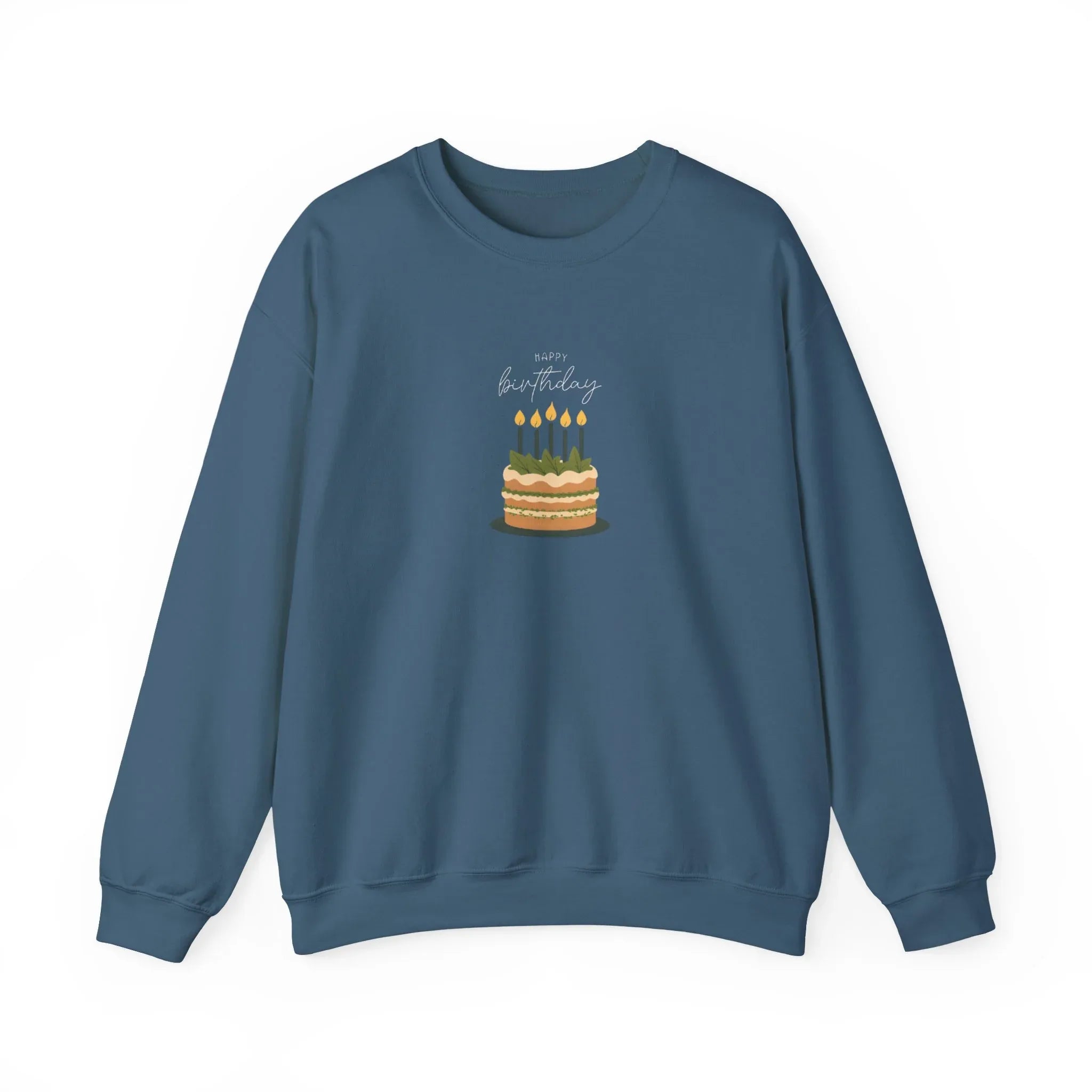 Blue crewneck sweatshirt with front birthday cake graphic and lit candles.