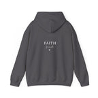 Dark gray unisex hoodie sweatshirt with front hood and “FAITH first” graphic