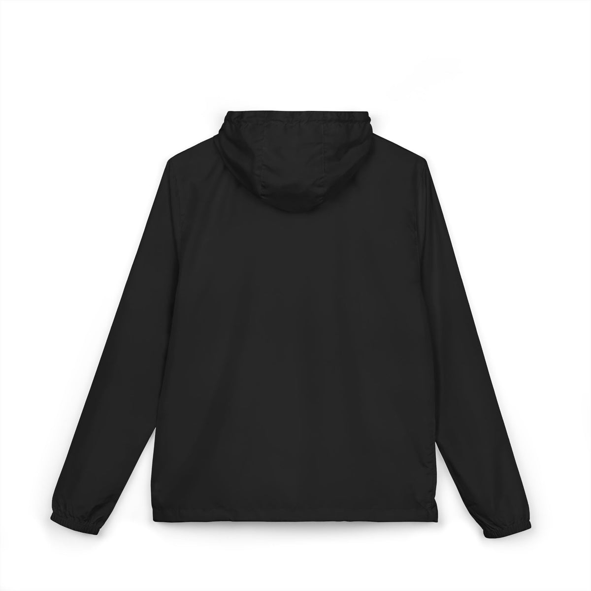 Lightweight hooded windbreaker jacket in black, back view with hood and full-length sleeves.