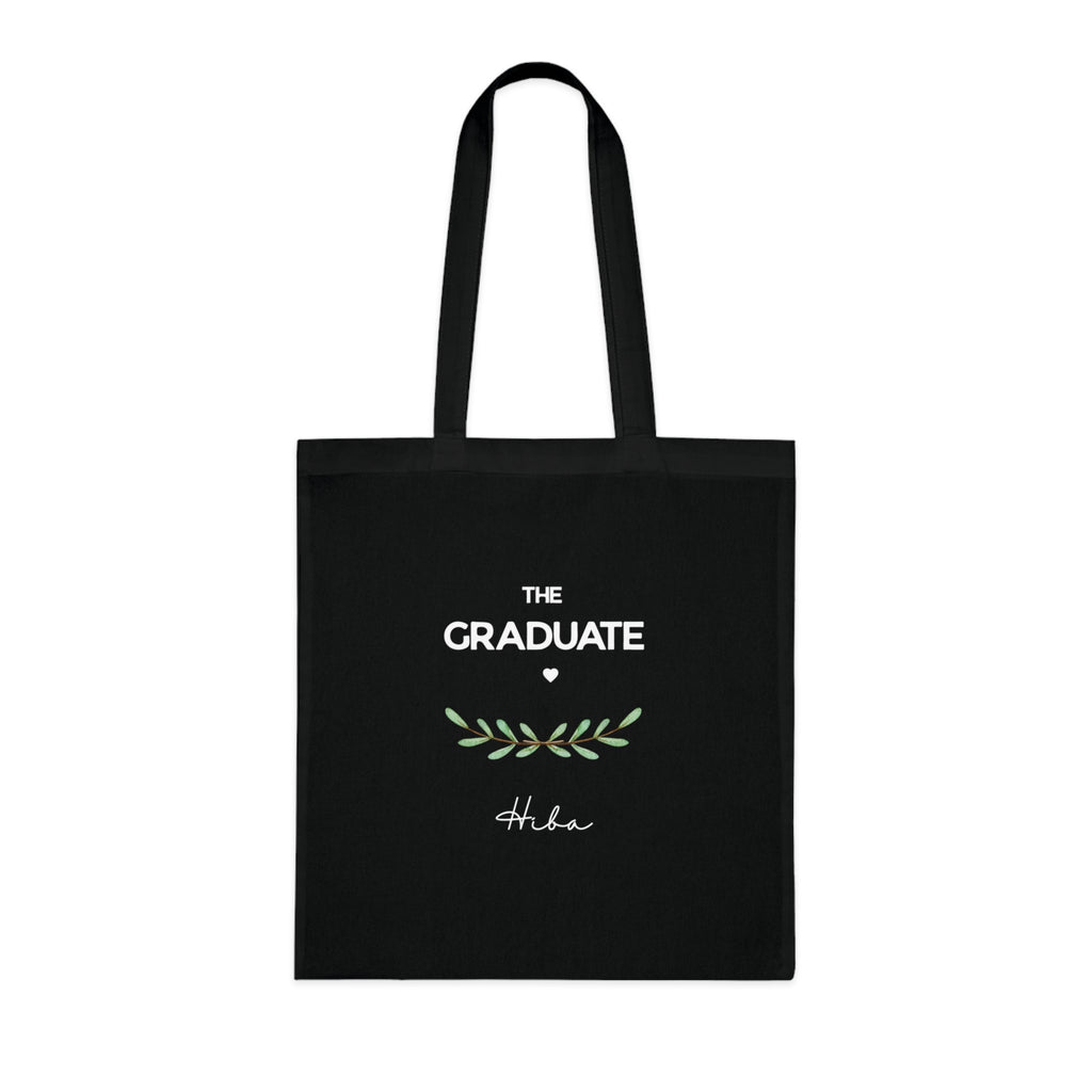 Black graduation tote bag front print with “THE GRADUATE”, green laurel, and name Hiba