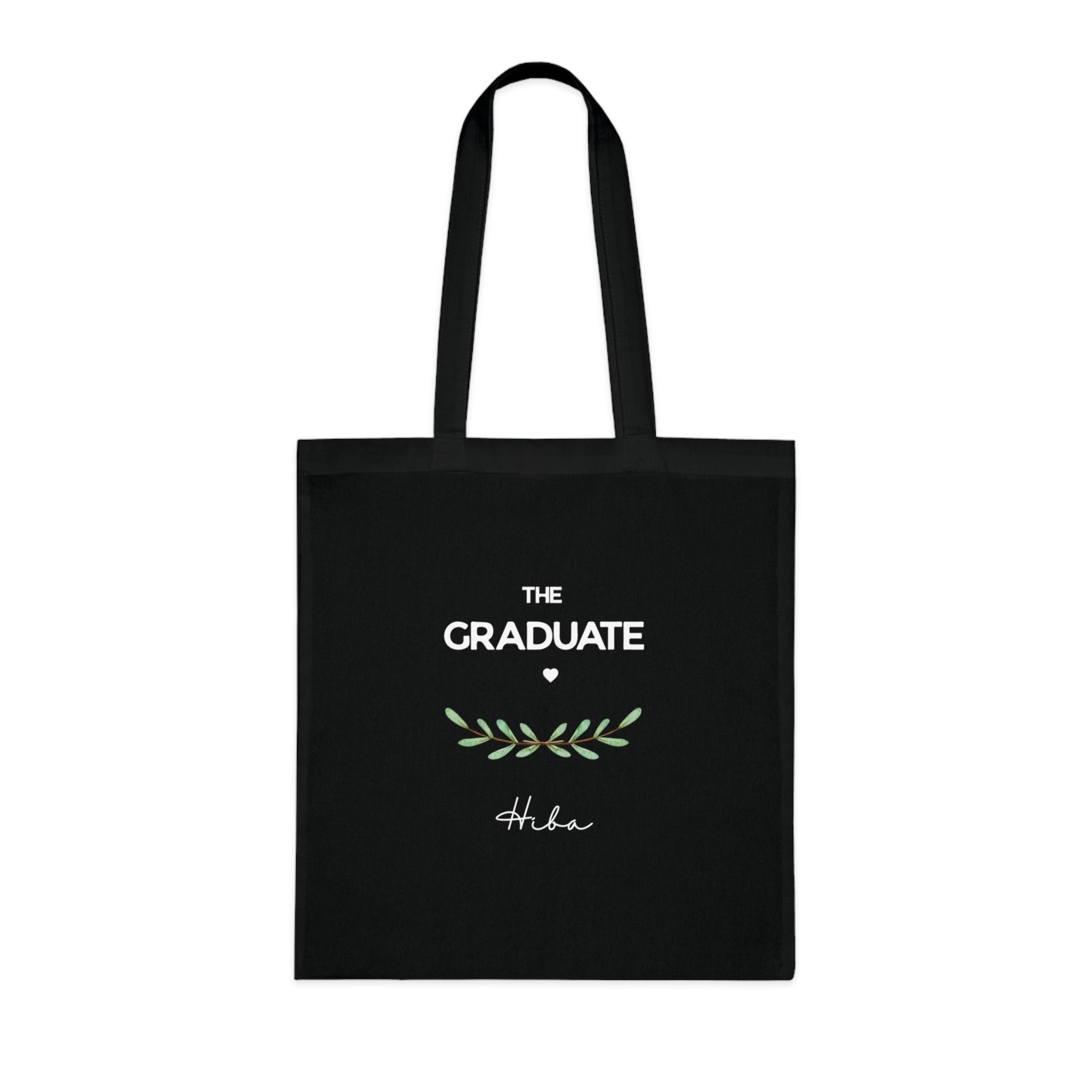 Black graduation tote bag front print with “THE GRADUATE”, green laurel, and name Hiba