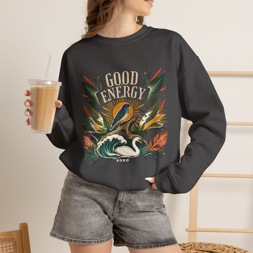 Dark heather unisex sweatshirt with botanical “Good Energy” front graphic