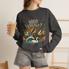 Dark heather unisex sweatshirt with botanical “Good Energy” front graphic