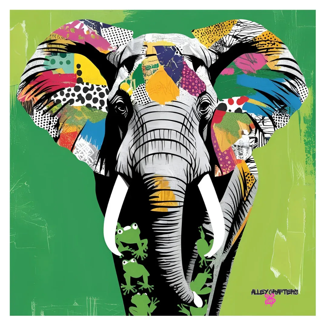 Elephant pop art print in a colorful mosaic on the green tote front