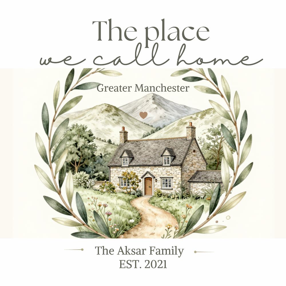 'The place we call home' village house watercolor with leaf wreath, Greater Manchester on T-shirt.