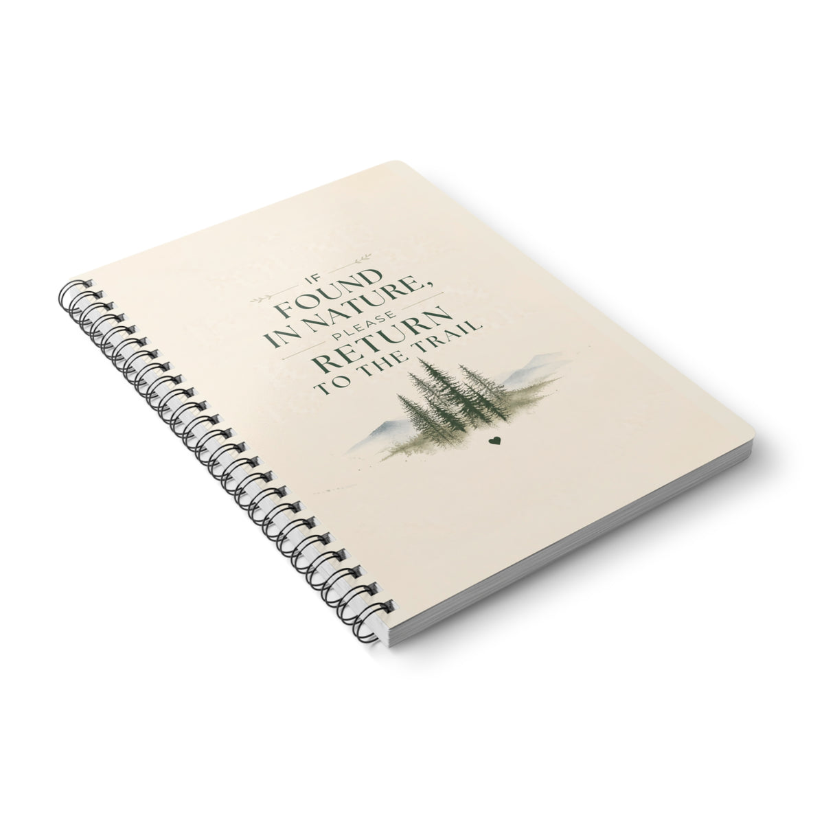 Cream nature notebook with spiral binding, cover featuring forest illustration and return message.