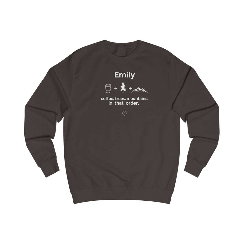 Personalised 'Coffee, Trees, Mountains' Sweatshirt | Custom Name Outdoor Crewneck