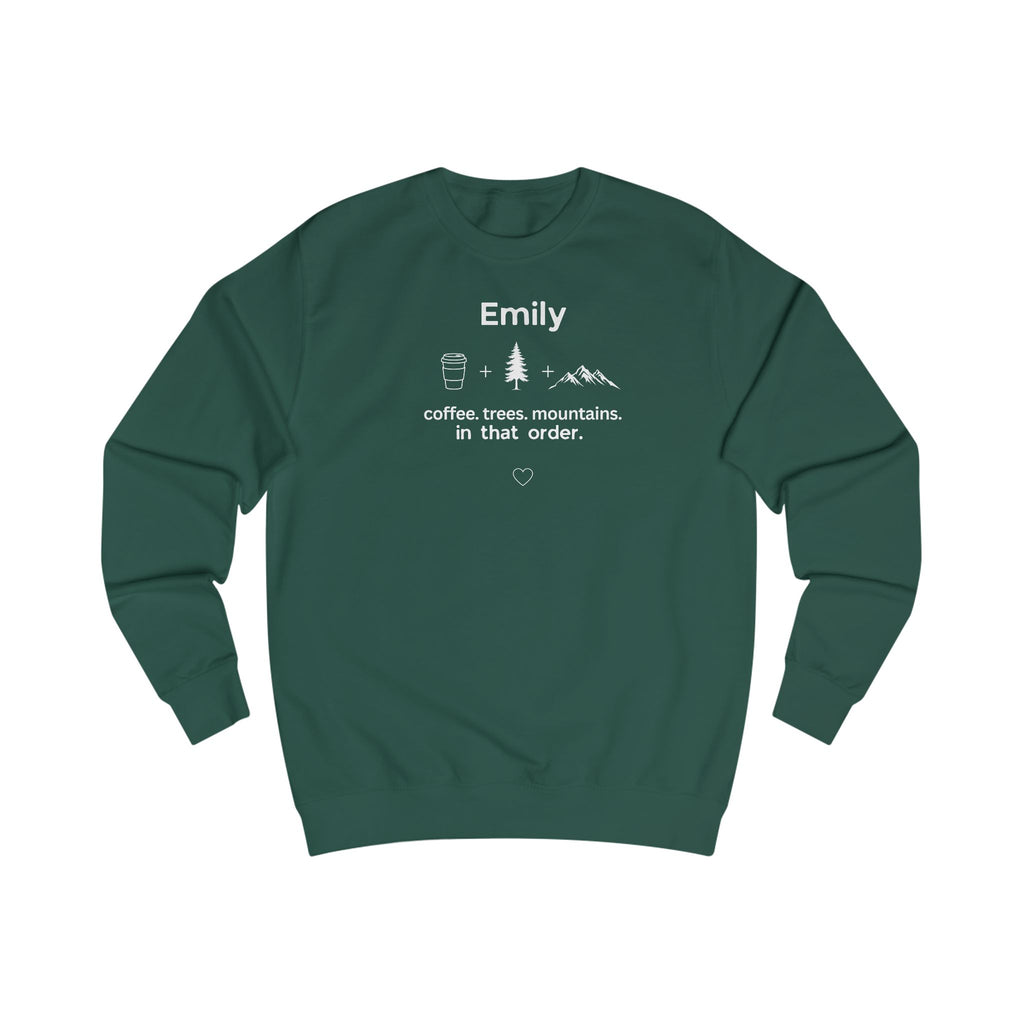 Personalised 'Coffee, Trees, Mountains' Sweatshirt | Custom Name Outdoor Crewneck