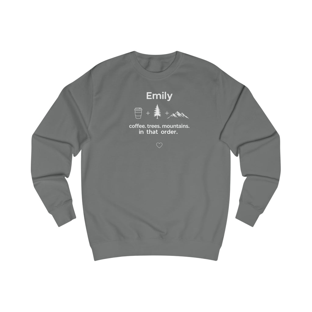 Personalised 'Coffee, Trees, Mountains' Sweatshirt | Custom Name Outdoor Crewneck