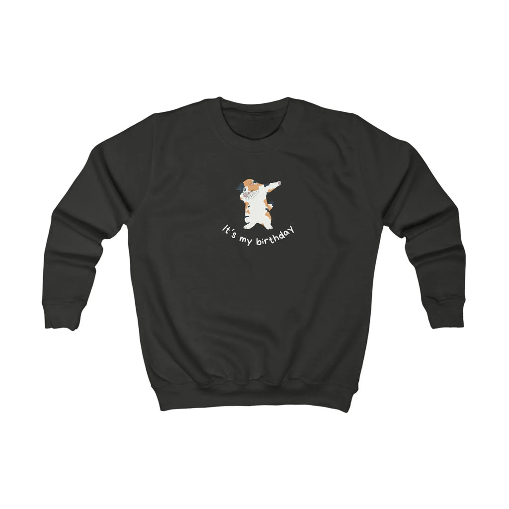 Kids sweatshirt, dark charcoal crewneck with cat birthday dabbing graphic