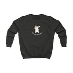 Kids sweatshirt, dark charcoal crewneck with cat birthday dabbing graphic