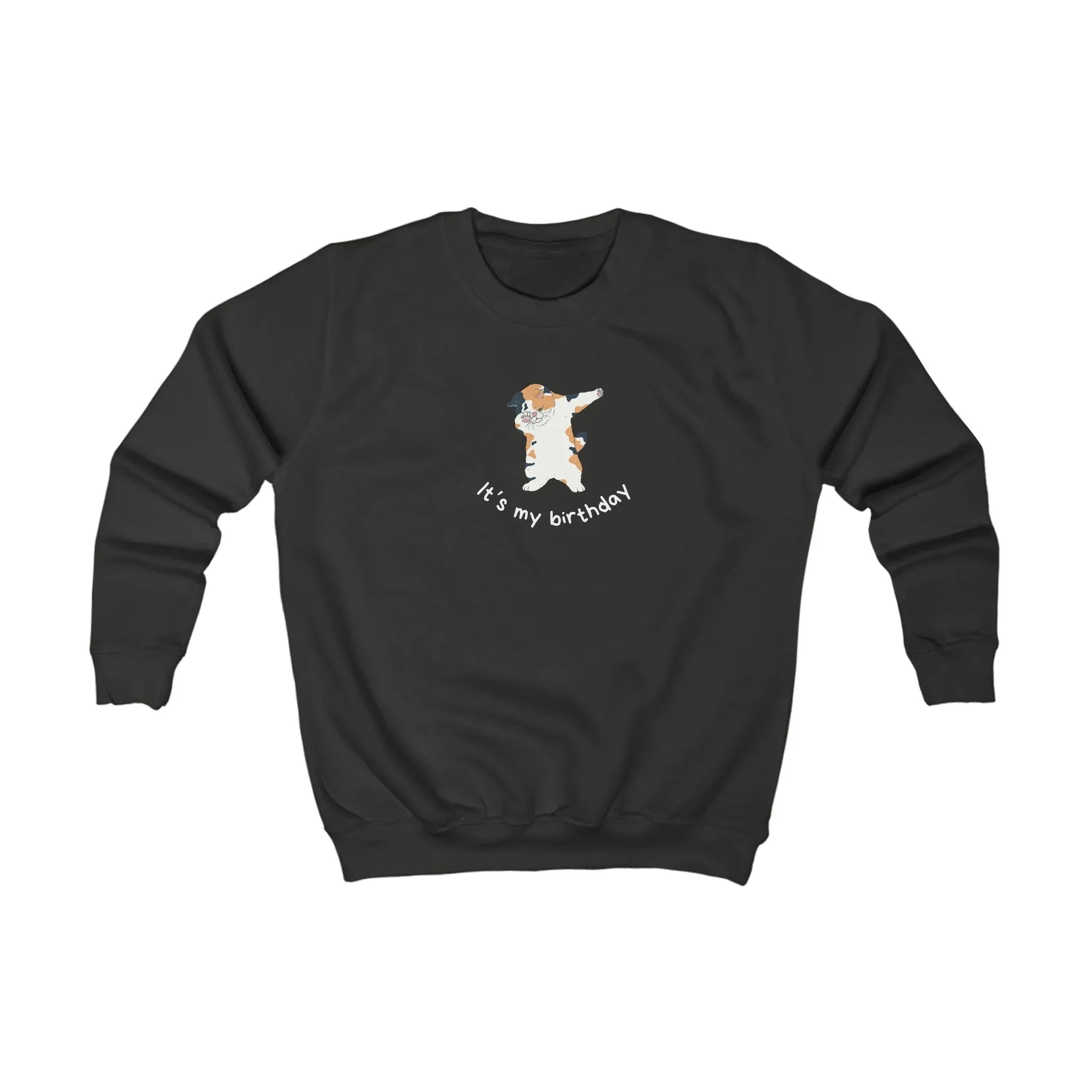 Kids sweatshirt, dark charcoal crewneck with cat birthday dabbing graphic