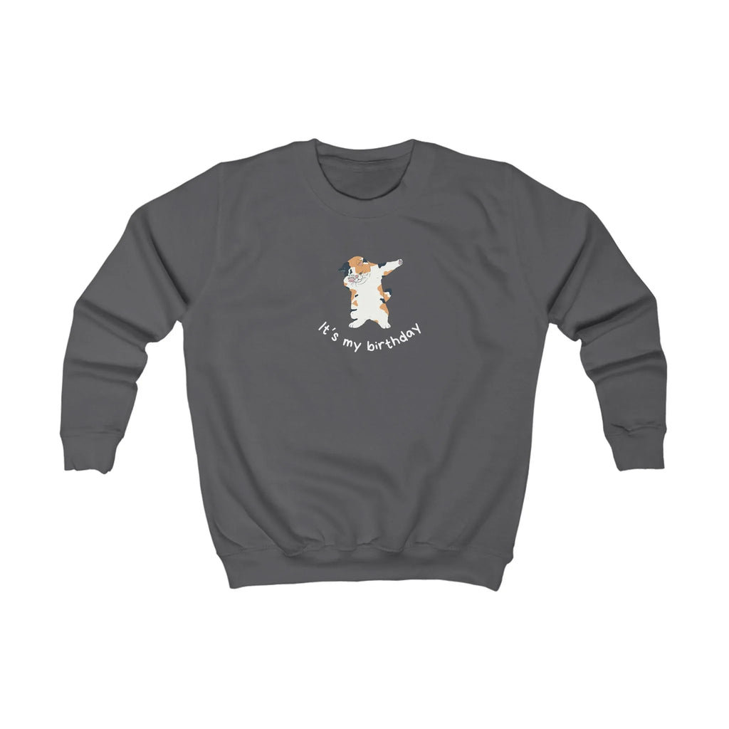 Kids sweatshirt, dark gray crewneck with cat birthday dabbing graphic