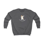 Kids sweatshirt, dark gray crewneck with cat birthday dabbing graphic