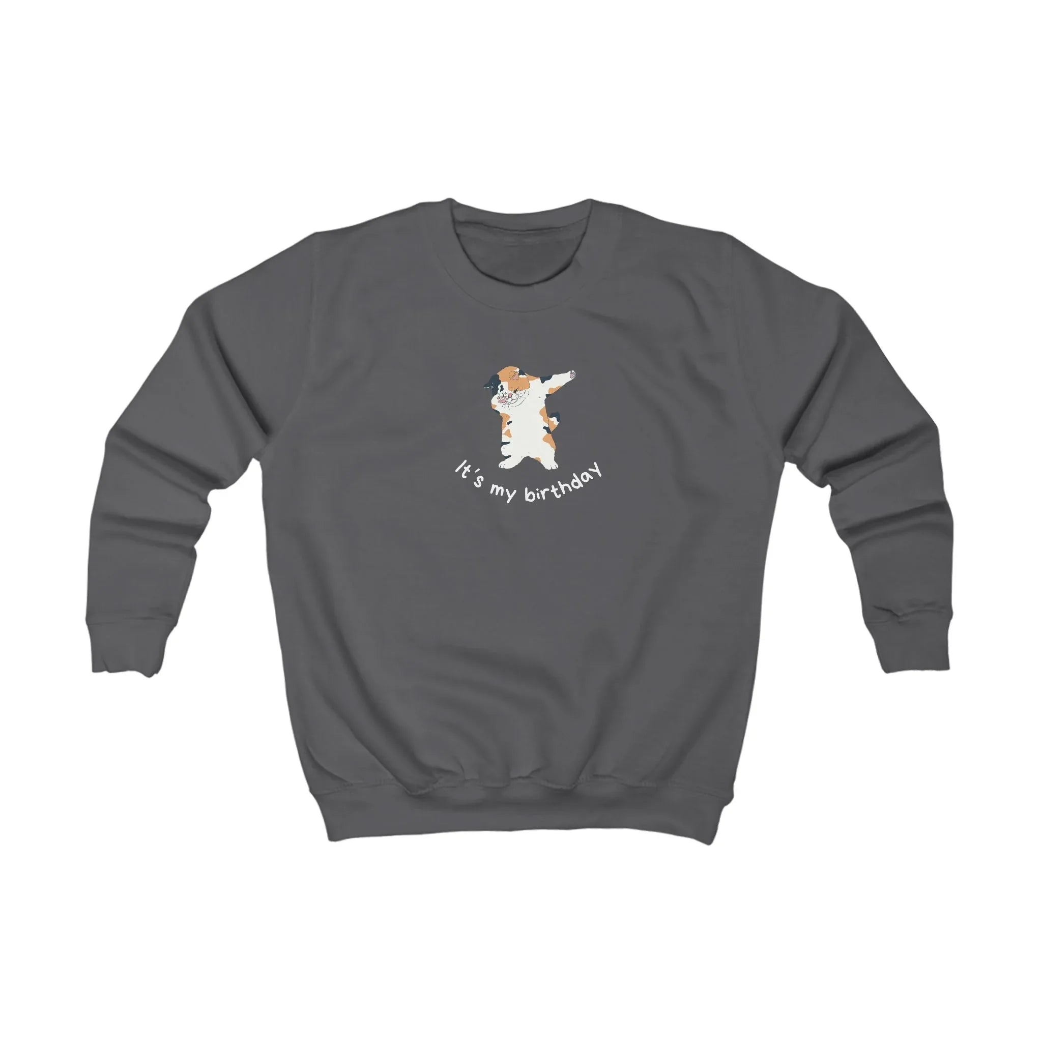 Kids sweatshirt, dark gray crewneck with cat birthday dabbing graphic