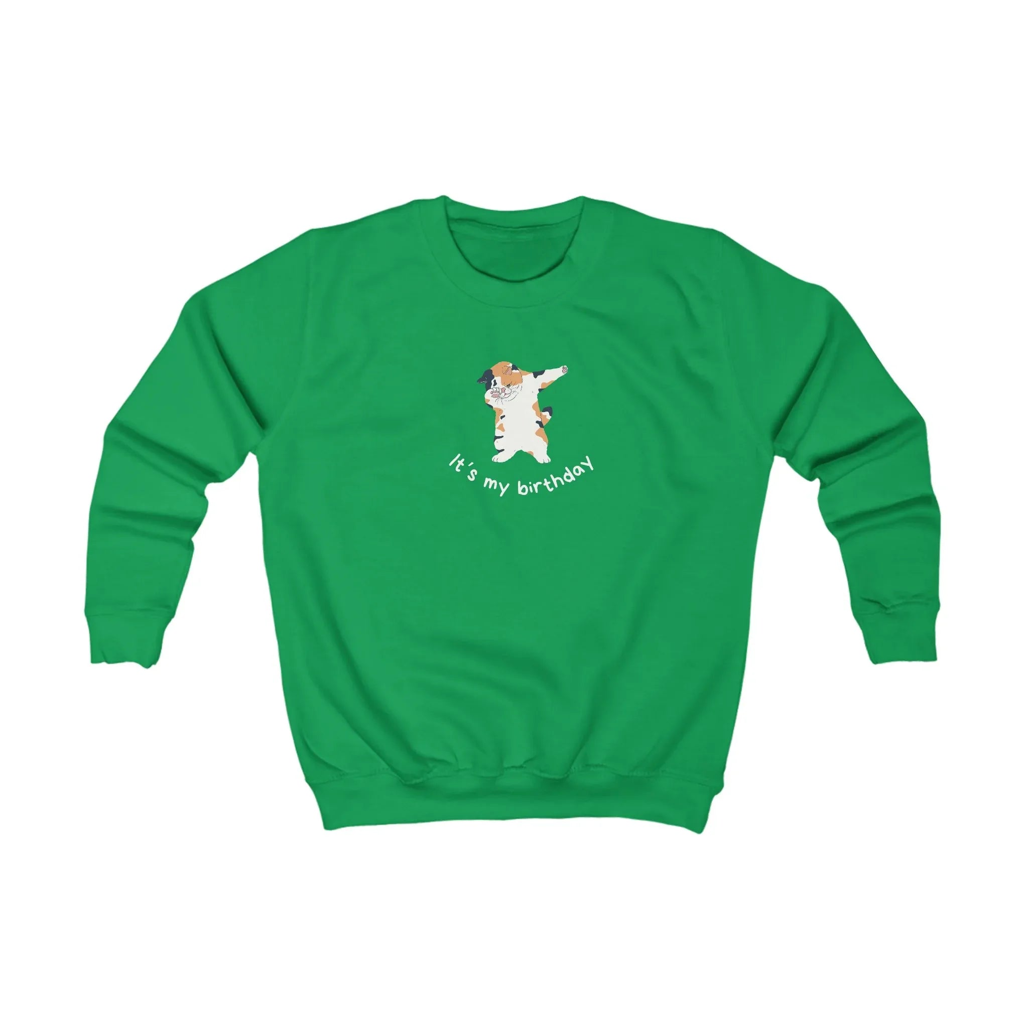 Kids sweatshirt, Kelly green crewneck with cat birthday dabbing graphic