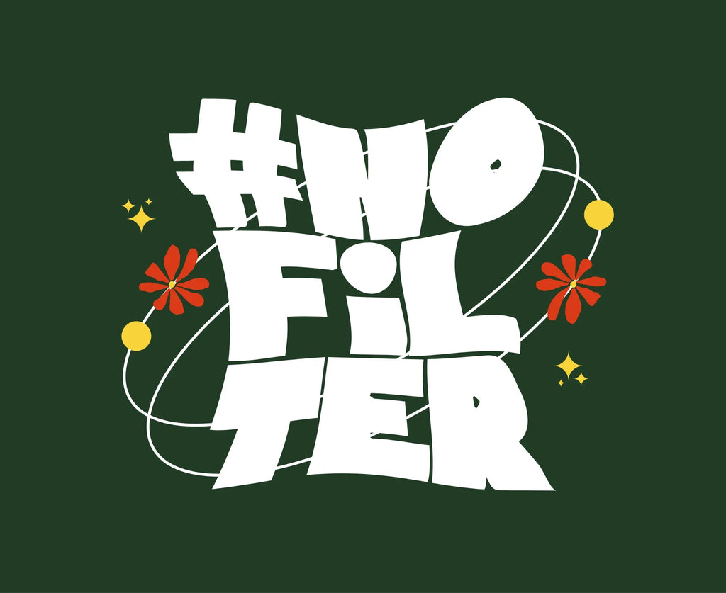 #NO FILTER slogan hoodie graphic with colorful floral accents.