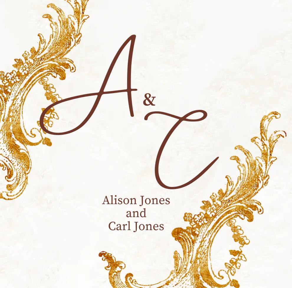 White mug front design with gold filigree corners and dark red monogram, names