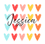 Colorful heart pattern with black cursive 'Jessica' across the design