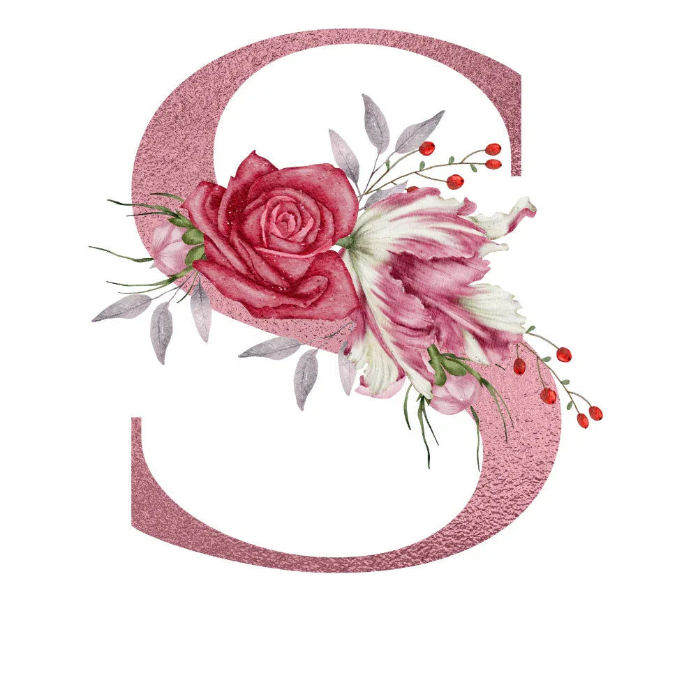 Floral letter C decal with pink roses and greenery on a white mug.
