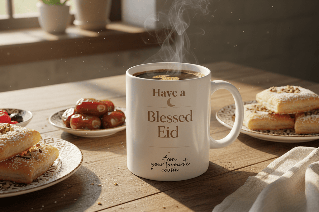 White ceramic mug with “Have a Blessed Eid” in gold, with visible steam