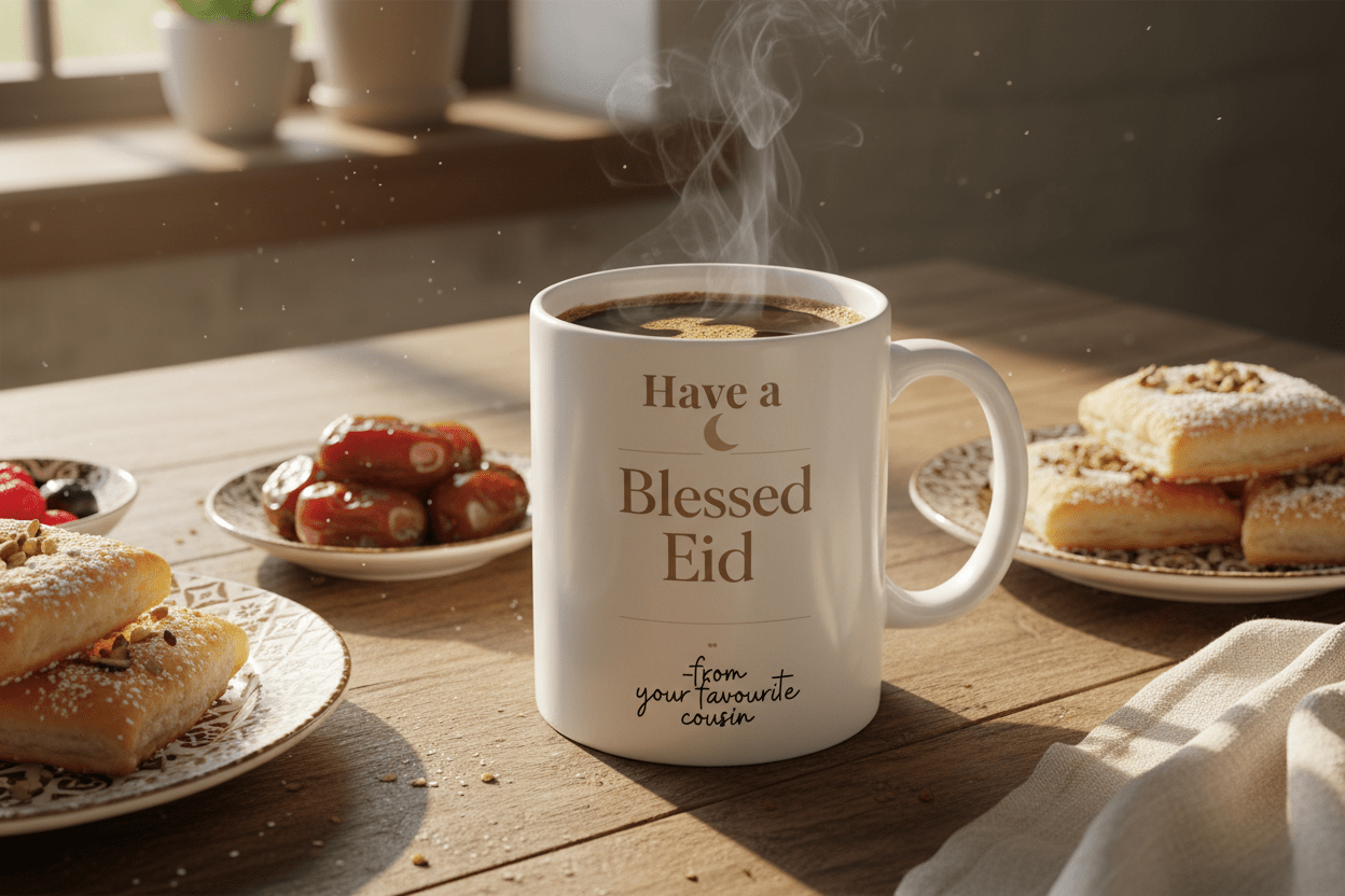 White ceramic mug with “Have a Blessed Eid” in gold, with visible steam