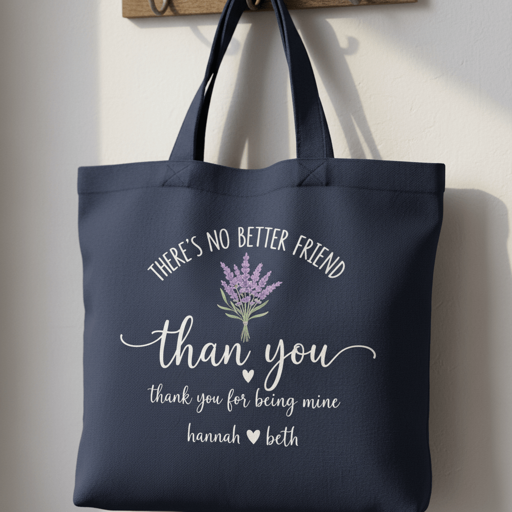 Navy tote bag with 'There's No Better Friend' lavender bouquet and thank you text, handles