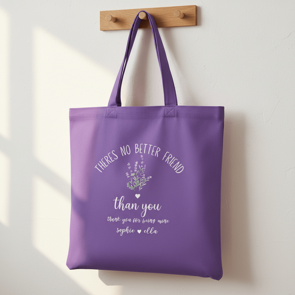 Lavender tote bag hanging on wooden hooks with flower graphic and “than you” text