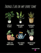 Black tote bag graphic with plants and 'THINGS I DO IN MY SPARE TIME' at top.