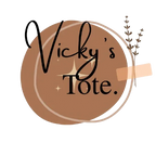 Vicky's Tote logo graphic with brown circle and script text