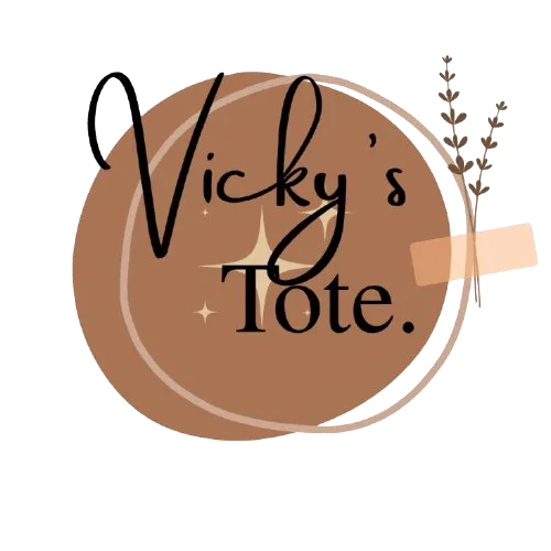 Vicky's Tote logo graphic with brown circle and script text