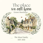 'The place we call home' village street watercolor with lantern, leaf wreath on T-shirt.