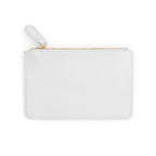 White mini clutch bag with gold zipper and wrist strap