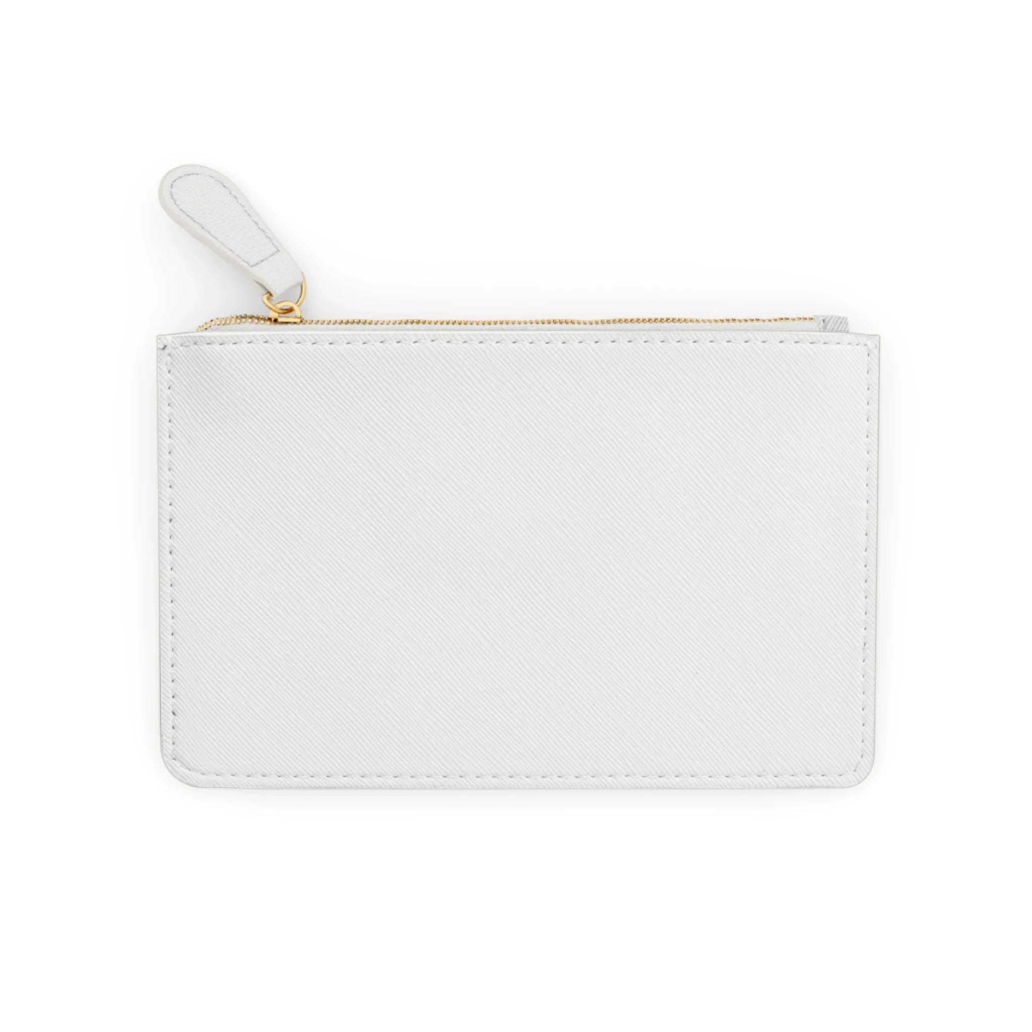 White mini clutch bag with gold zipper and wrist strap