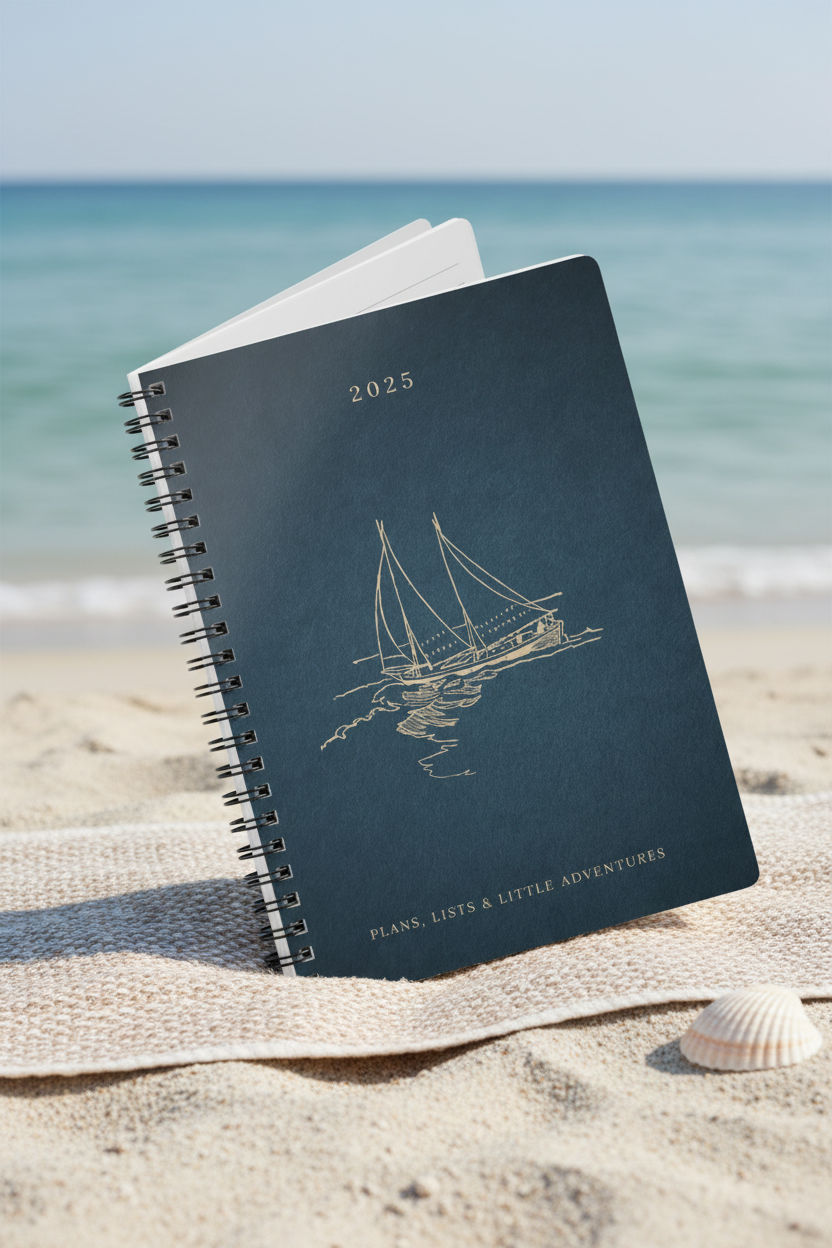 Dark blue A5 spiral notebook with sailboat line art and 2025 on cover.
